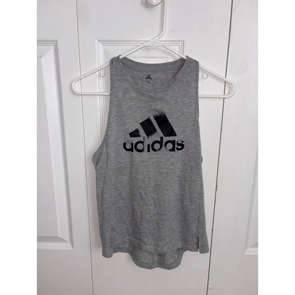 Adidas Womens Gray Heathered High Neck Racerback Graphic Logo Tank Top XS